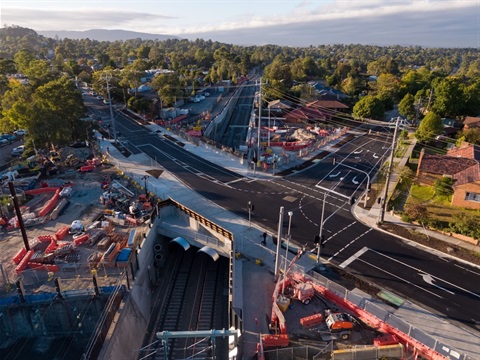 Birds eye view of Bedford Road after the removal of the level crossing