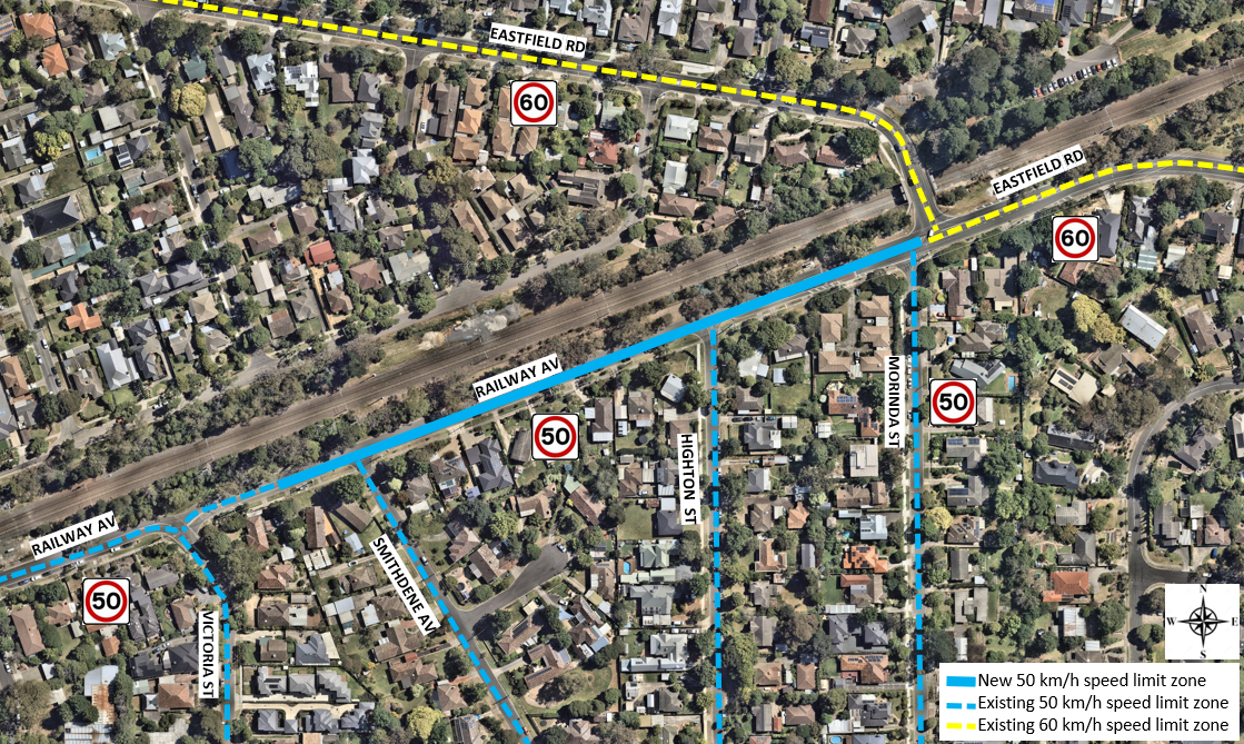 Aerial view of Eastfield Road, Railway Avenue and Morinda Street with annotations showing proposed changes