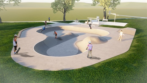 Grayswood Reserve skate precinct render image showing skaters, roller bladers, and other wheel users using the curved concrete skate facility