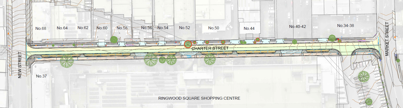 Design drawings showing plan overview for works at Charter Street Ringwood. Shows extent of work from New Street to Market Street.